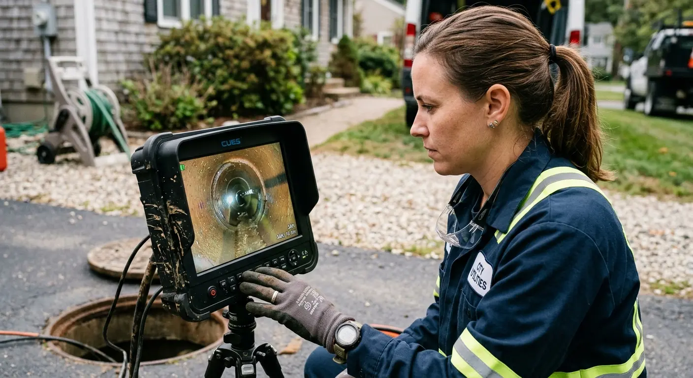 Technician reviewing sewer camera inspection footage in North Laurel