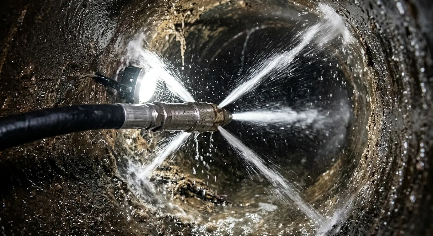 High-pressure hydro jetting nozzle cleaning sewer pipe for Emergency Drain Service in North Laurel