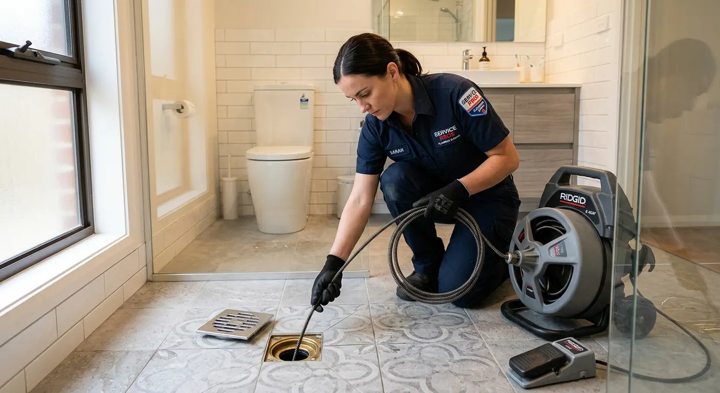 Technician clearing a bathroom floor drain for Drain Repair in North Laurel